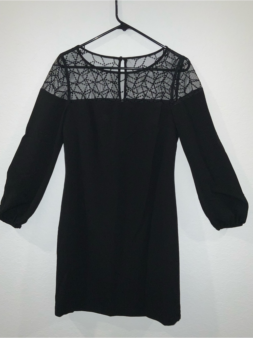 Black Lace Yoke Long Sleeve Shift Dress